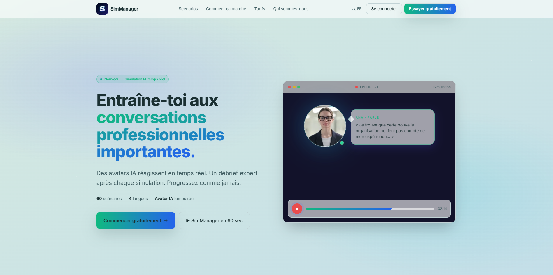Interface SimManager pendant une simulation de conversation managériale