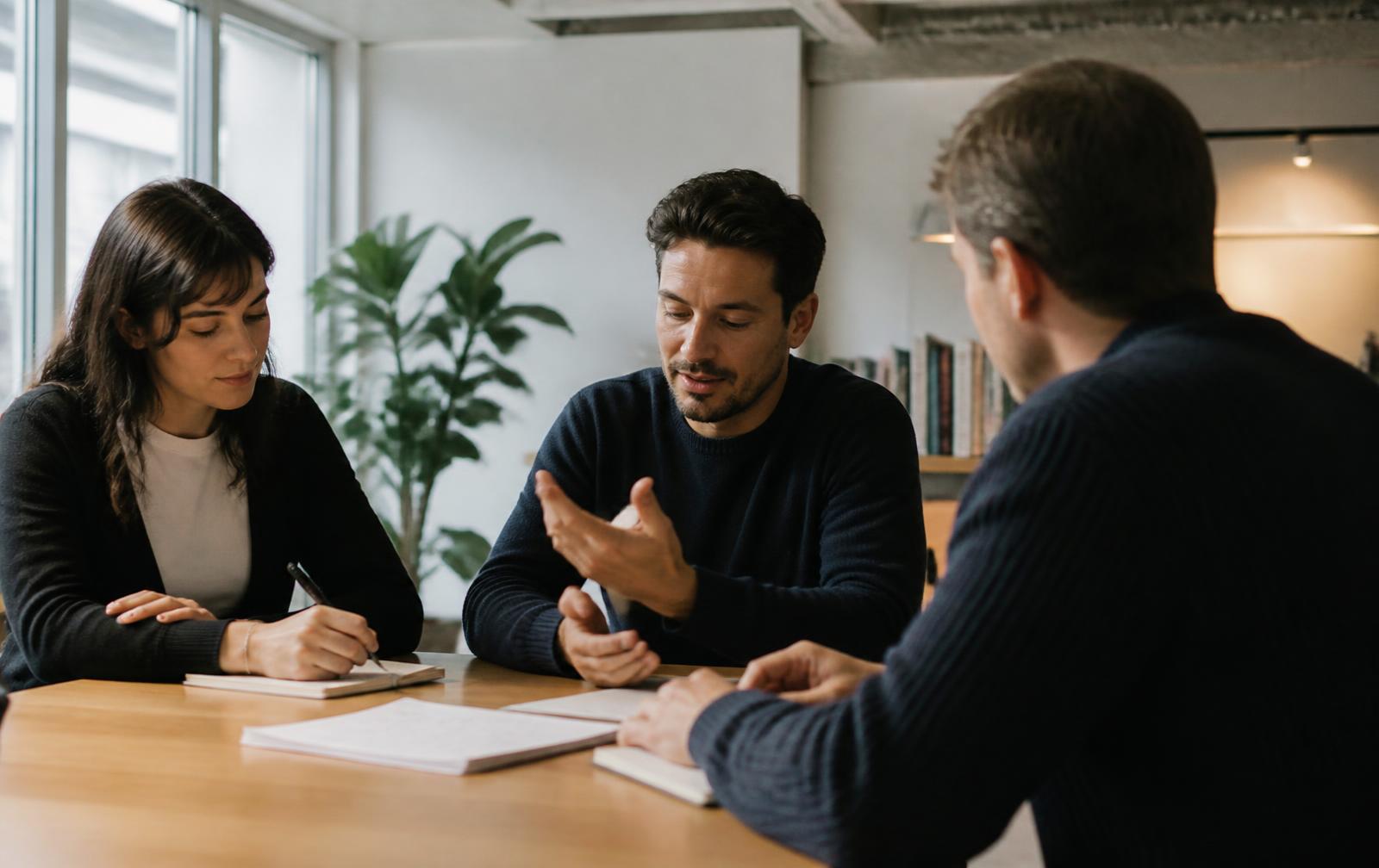 Trois personnes en discussion de travail autour d'une table, prise de notes et échange